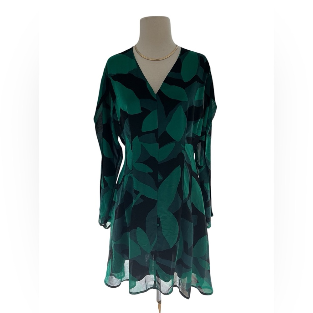 NEW Banana Republic Green Leaf Print Chiffon Long sleeve Dress Spring Summer